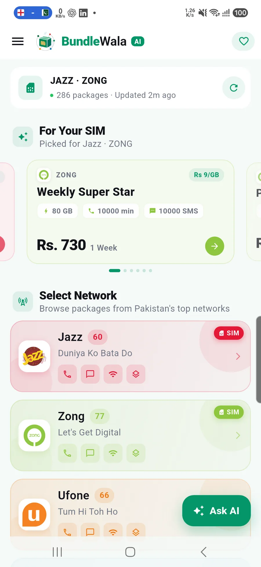 BundleWala home screen showing the live catalogue and a Zong weekly data offer